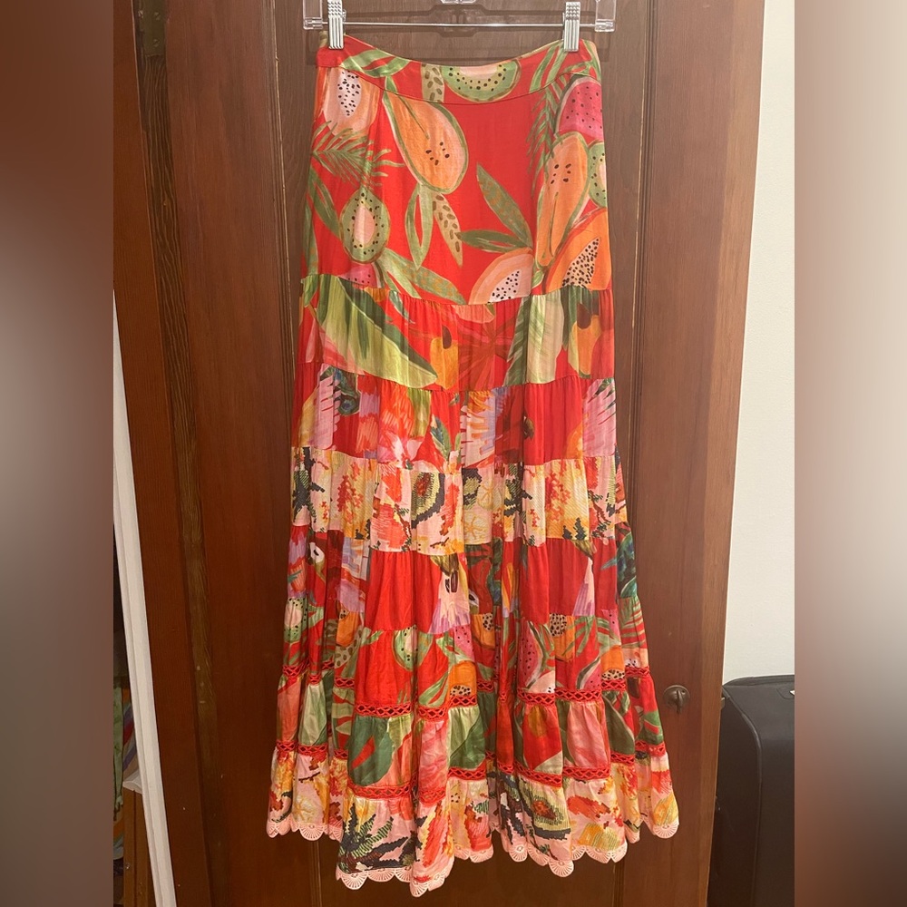 Vibrant Red Tropical Print Tiered Maxi Skirt